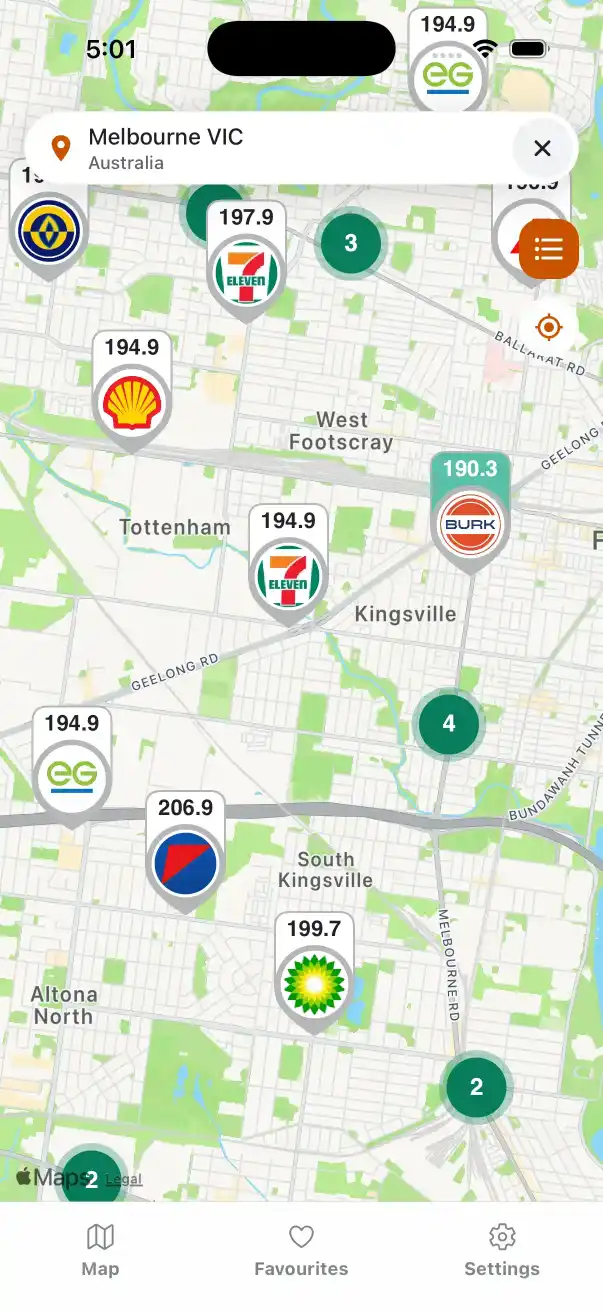 Fuel Spy app map showing live nearby fuel prices in Melbourne